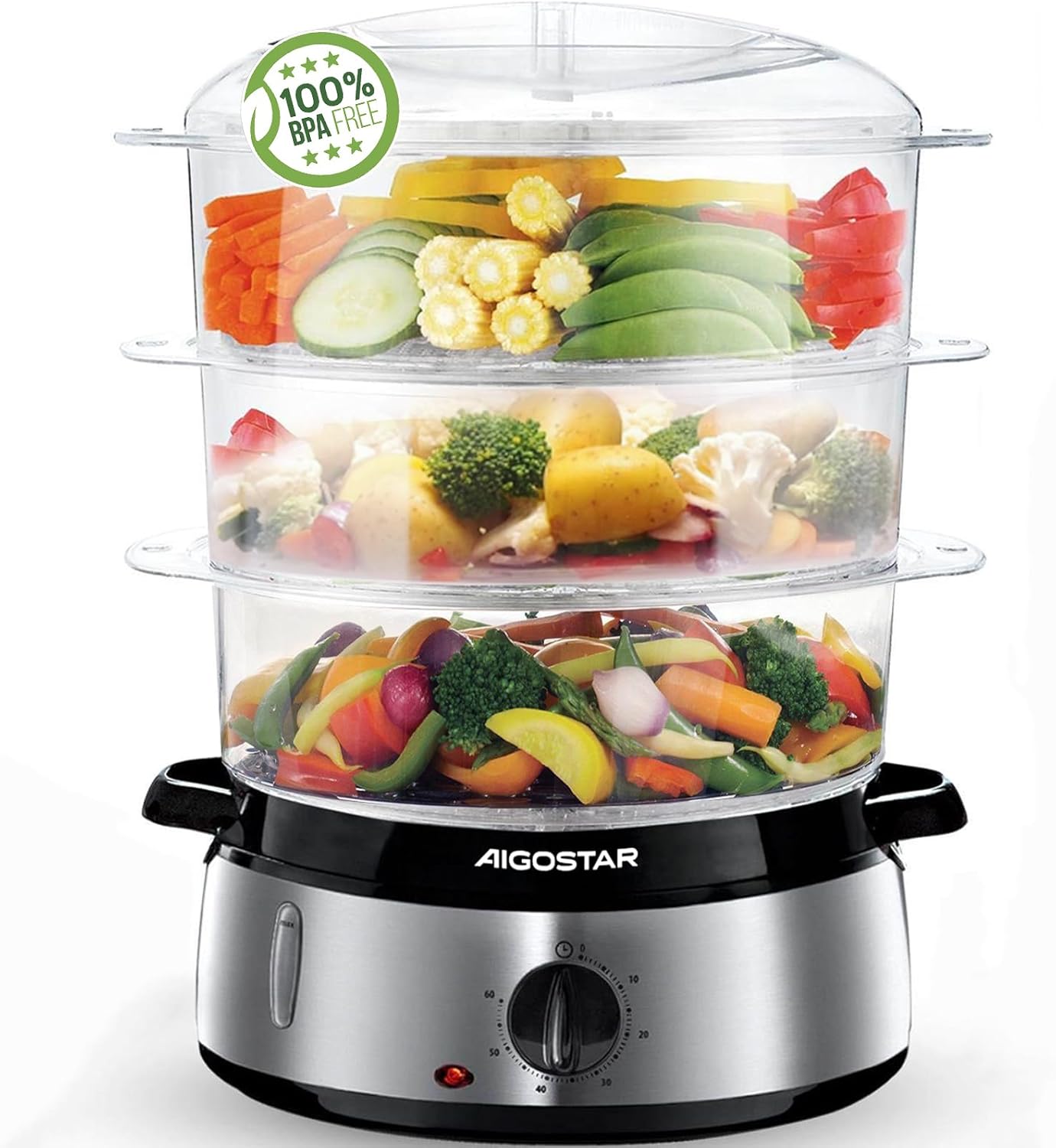 Aigostar Fitfoodie 30INA Stainless Steel Electric Steamer with Timer, 9 L Steamer, 3 Baskets, 800W, BPA Free Steam Ovens