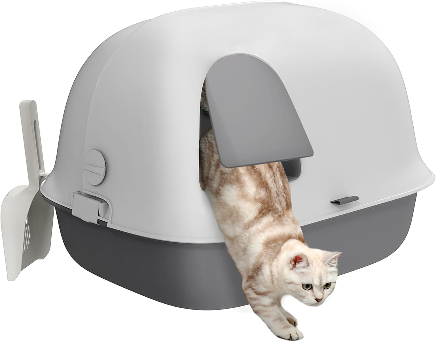 PawHut Lettiera per Gatti Chiusa con Porta, Lettiera Coperta in PP con Coperchio e Paletta, 58x46x39 cm, Bianco e Grigio Chiaro