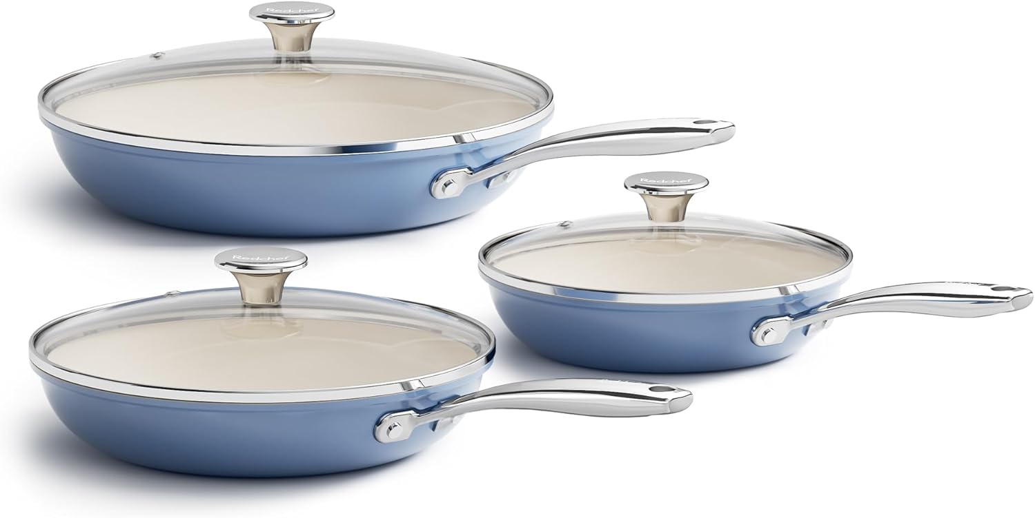 Redchef Set of 3 non-stick ceramic pans, 3 frying pans 20/24/28 cm with non-stick aluminium, induction cookware battery for all hobs, without Ptfe, Pfas, Pfoa, suitable for ovens, beige