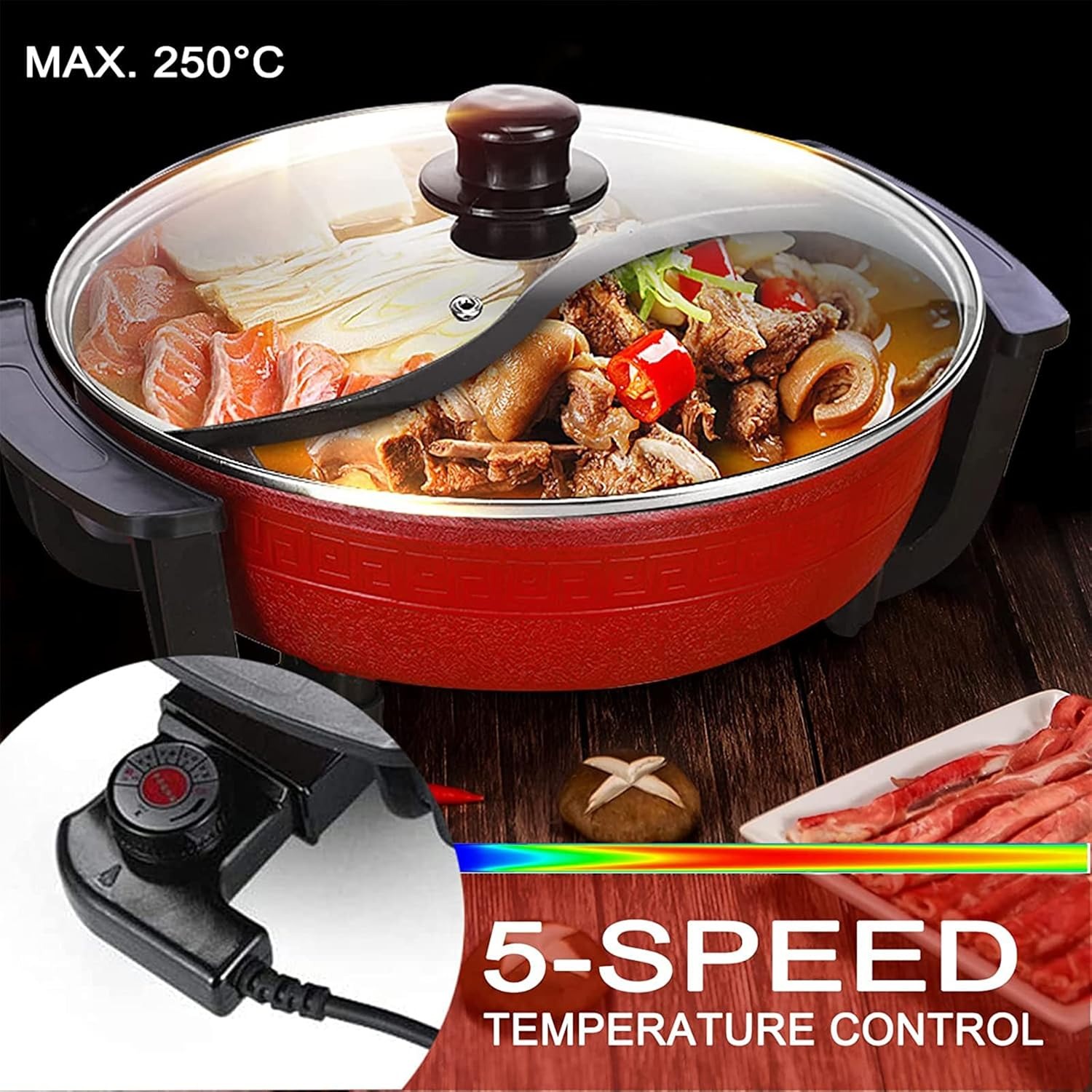 Hot Pot - Pentola elettrica 6 litri, 1300 W, doppio shabu shabu con parete divisoria e coperchio in vetro, multifunzione, 6 litri