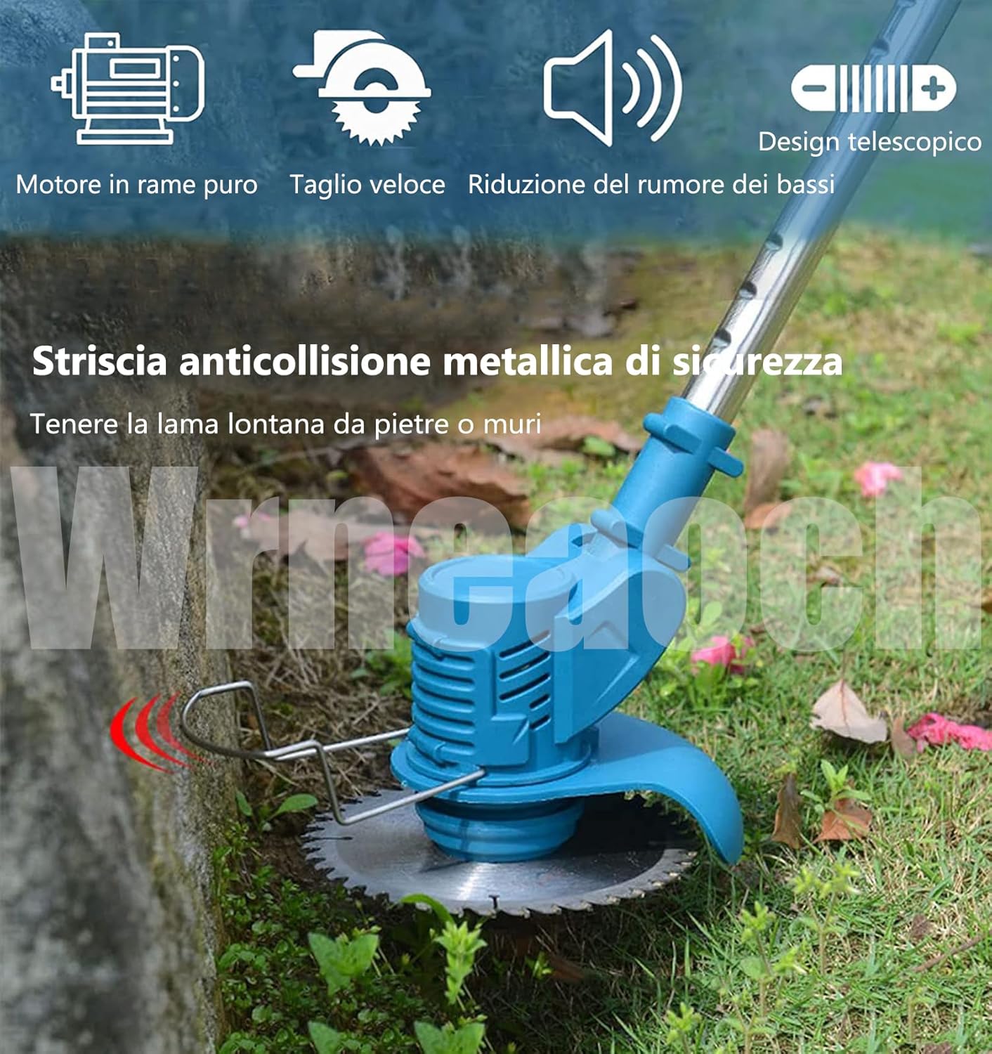 Wrneaoch Tagliabordi Decespugliatore a Batteria 21V Decespugliatore Elettrico con 11.000 RPM e motore da 750W con 2 Batterie da 4,0 Ah è Ideale per Tagliare l'erba in Modo Efficace e Senza Sforzo