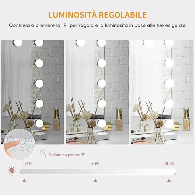 Moziel 50x42cm Specchio da Trucco con Luci, Specchio Hollywood da Tavolo o da Parete con Lampadine a 14 Led Tre Colori di Luce e Funzione di Luminosità Regolabile