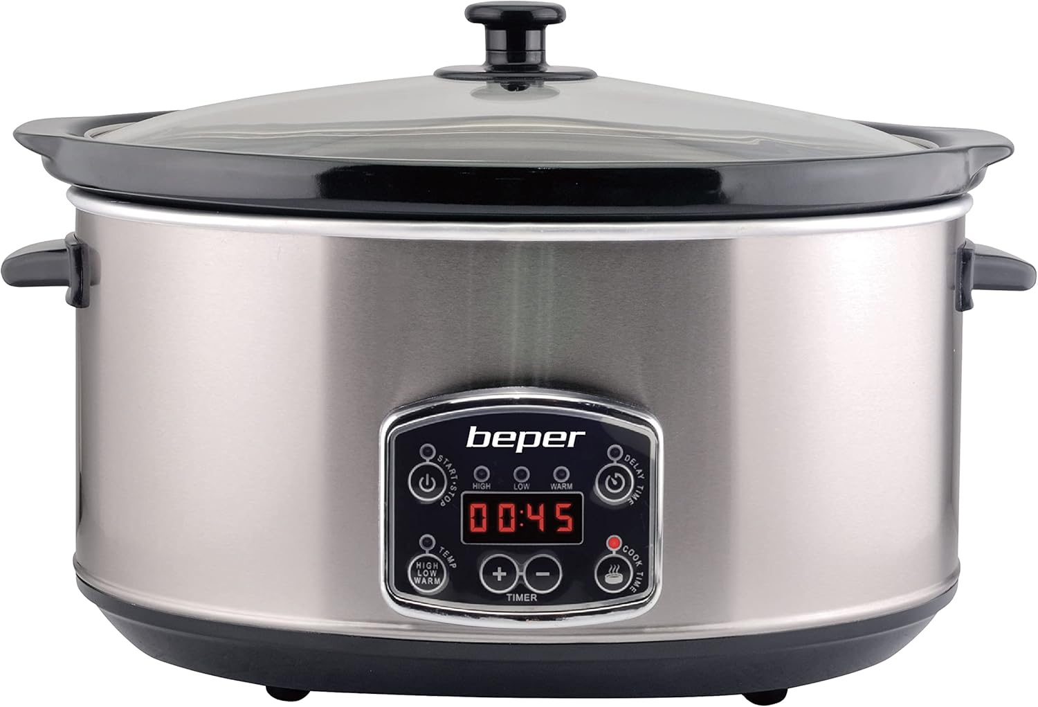 BEPER BC.510 Slow Cooker, Digital Slow Cooker, 4.5 Litres, Steel, 3 Cooking Settings, Programmable Timer, Removable Inner Pot, Dishwasher Safe