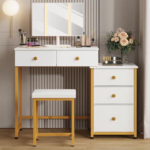 DSAFGGY Scrivania con 5 cassetti e specchio e 3 modalità di illuminazione, trucco Vanity con 5 cassetti per camera da letto, 104 cm, bianco e oro : Amazon.it: Casa e cucina