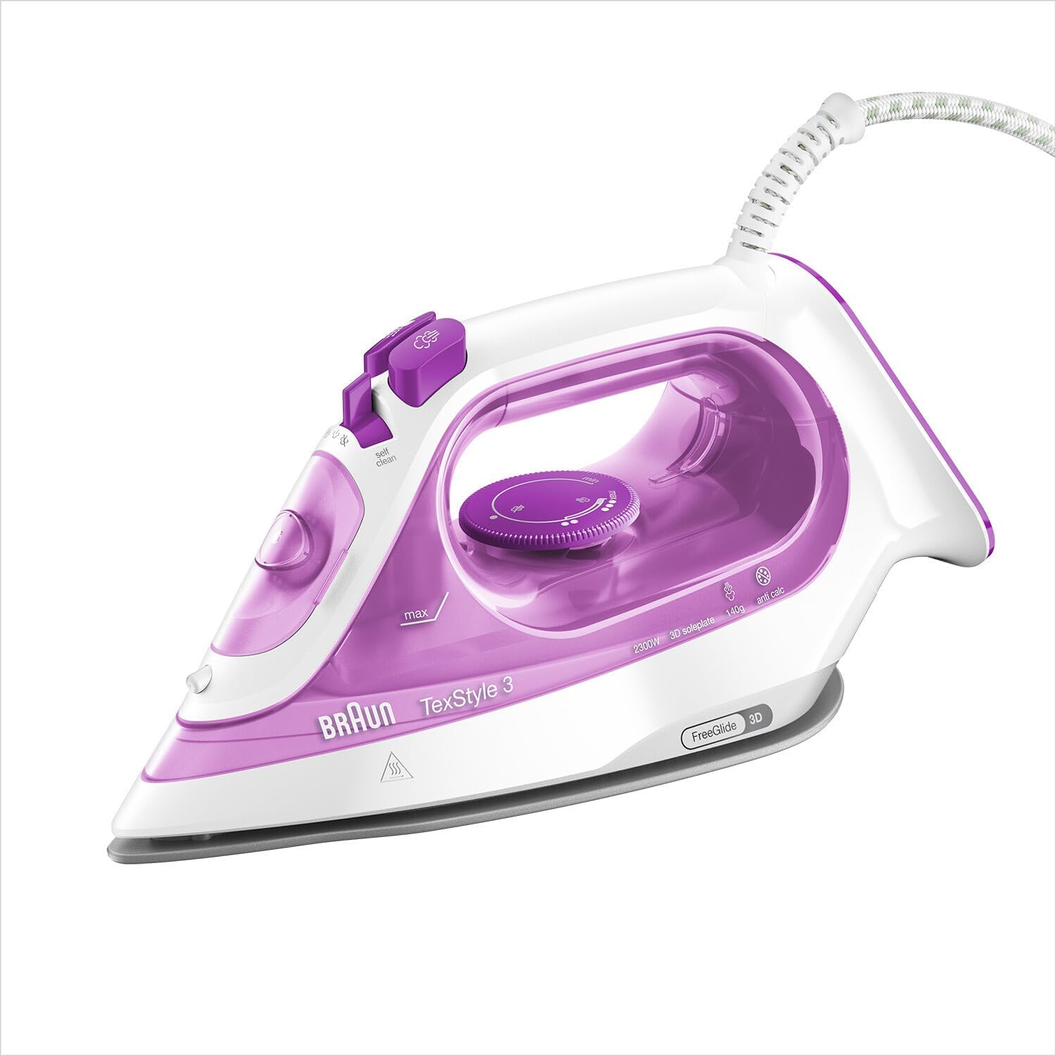 Braun TexStyle3 SI3030PU Steam Iron with 5 Years Service, Ceramic Plate, Vertical Ironing, Precision Tip, Steam Jet 140 g/min, Power 2300 watts, White/Purple