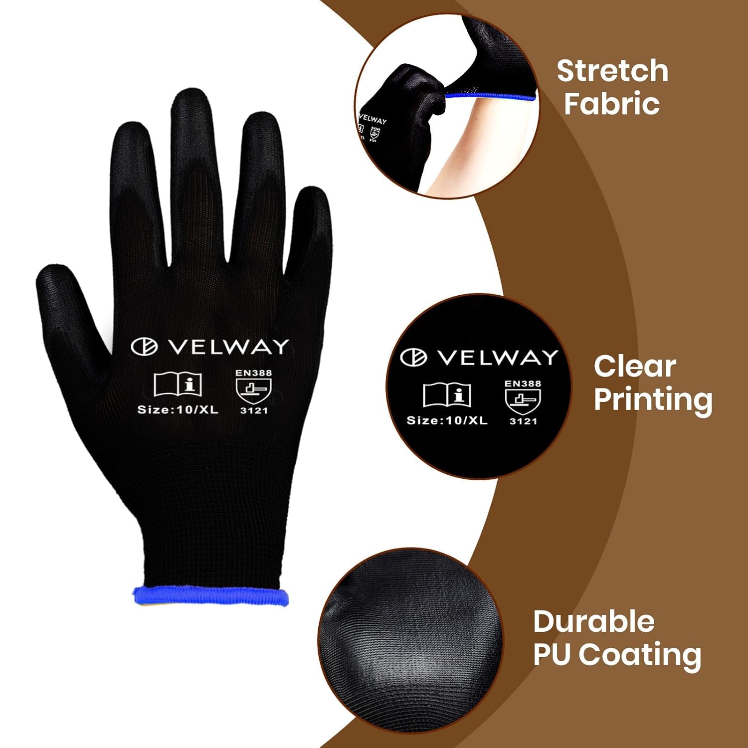 Velway Guanti da Lavoro Protettivi 12 Paia - Resistenti all'Abrasione - Fibra Poliestere con Rivestimento in PU - Versatile Protezione Meccanica Industriale Giardinaggio Montaggio - Nero Taglia 10/XL