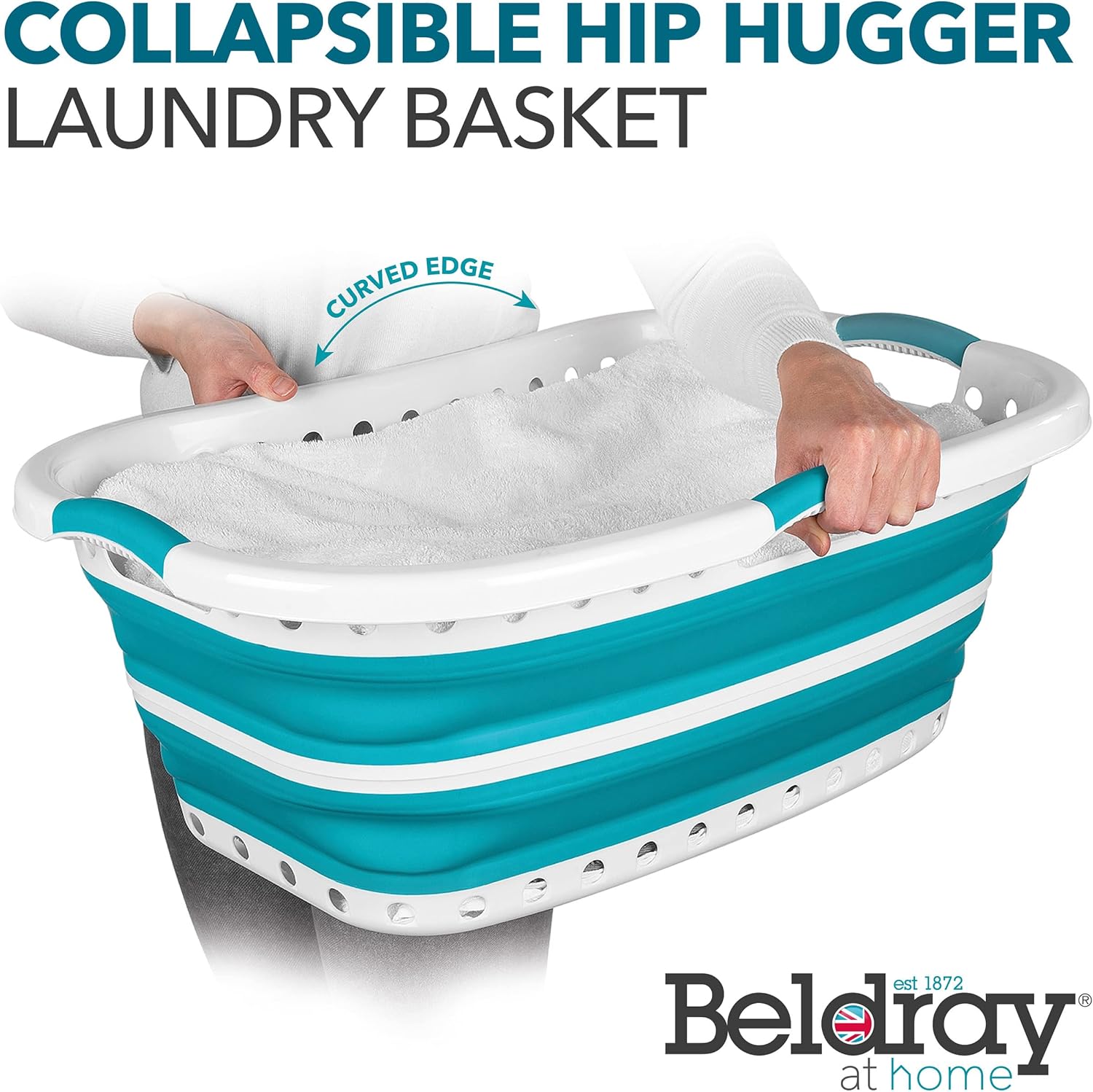 Beldray LA072979TQEU Laundry Basket, Curved and Shaped to Fit the Body, Oval Design that Huggers the Hips, Folding Basket, Ergonomic Handles for Non Slip Carry, 37 Litres, Turquoise