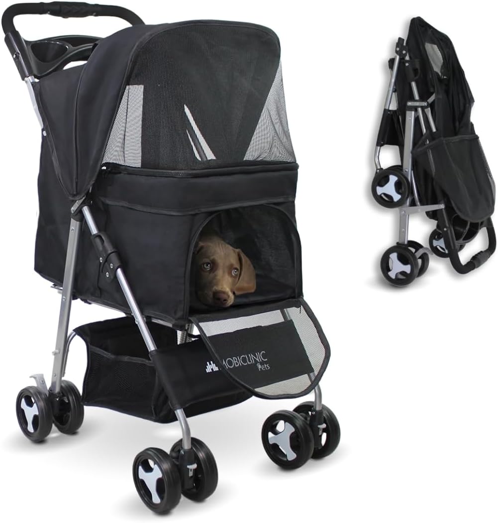 Mobiclinic庐 Pets, Dog Stroller, Ideal for Small and Older Sizes, Zuma, Up to 15 kg, Wheels with 360掳 Brakes, XXL Basket, 3 Windows Zipper Mosquito Net, Cup Holder (Black)