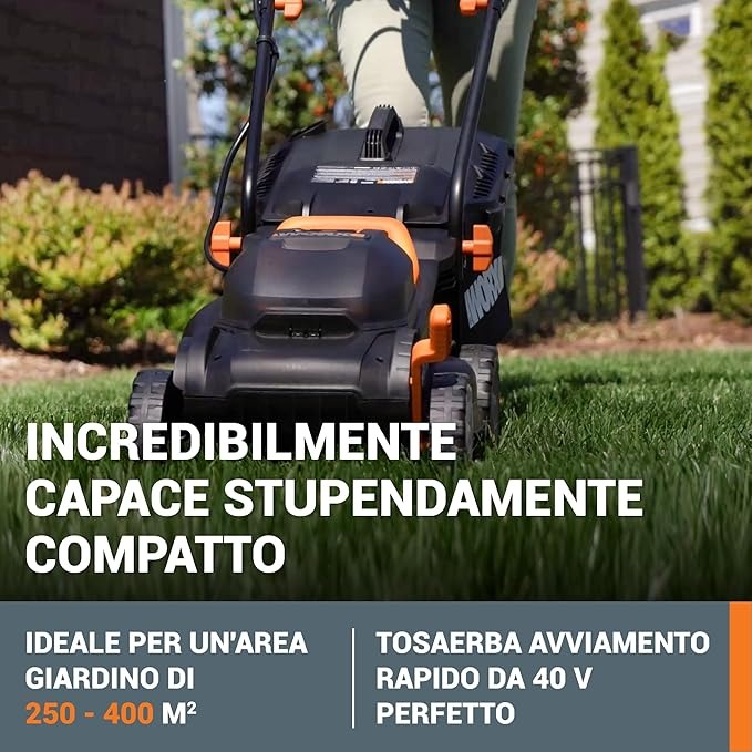 WORX WG779E Tosaerba a Batteria 40V Rasaerba Elettrico da Giardino, Diametro Taglio 34 cm, 2 Batteria da 2,5Ah