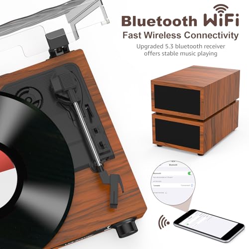Udreamer Giradischi con 2 Altoparlanti Stereo Doppi Giradischi Vintage Bluetooth 5.3 Supporta 3 Velocità AUX in, linea RCA, USB, Riproduzione Wireless, Marrone : Elettronica