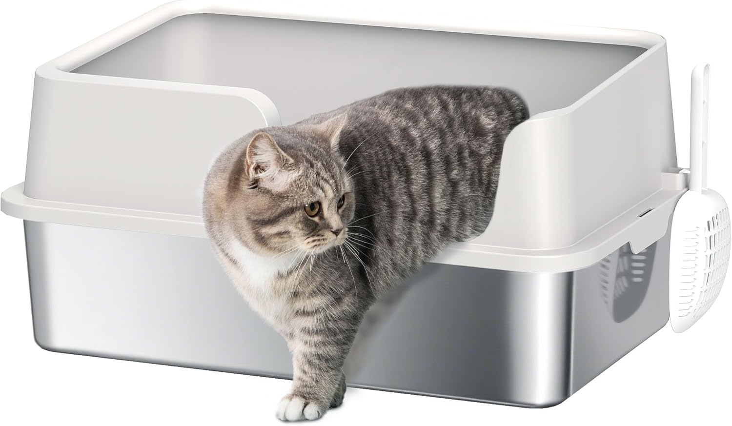 PawHut Cat Litter Tray with Raised Edges, Drip Tray and Scoop, Cat Box in Stainless Steel and PP, 60 x 40 x 28 cm, Light Grey