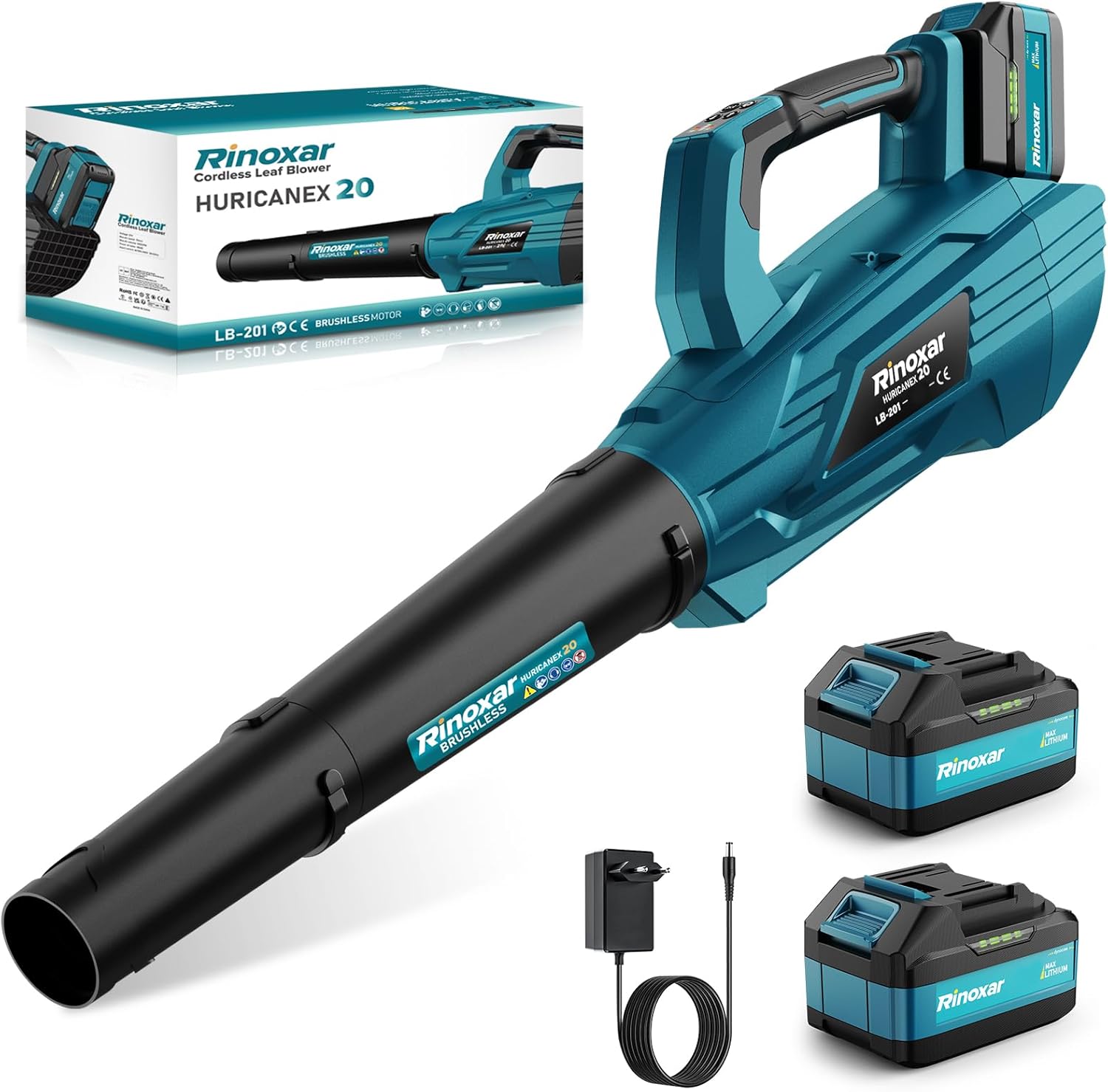 Battery Blower, 5 Speeds Cordless Electric Blower with Brushless Motor, 2 Batteries of 5.2Ah/18 V, 35,000 RPM, Air Speed 180 km/h, Air Flow 800 m³/h, 2 Interchangeable Nozzles