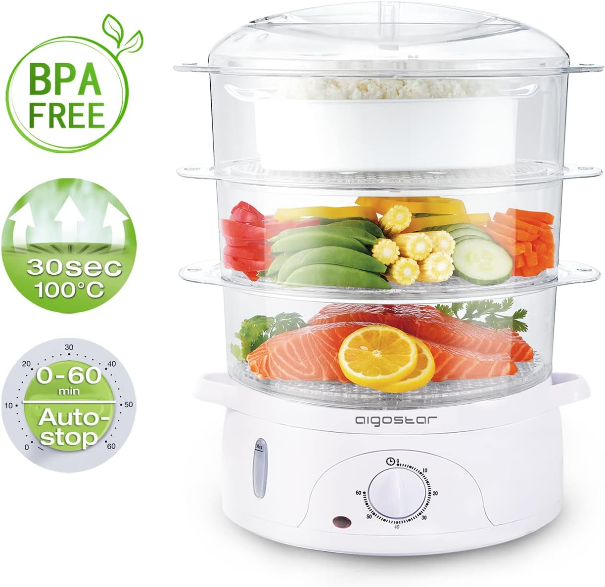 Aigostar Fitfoodie 30CFO 9L Steamer with Timer, 3 Baskets, 800W, BPA Free and Exclusive Design