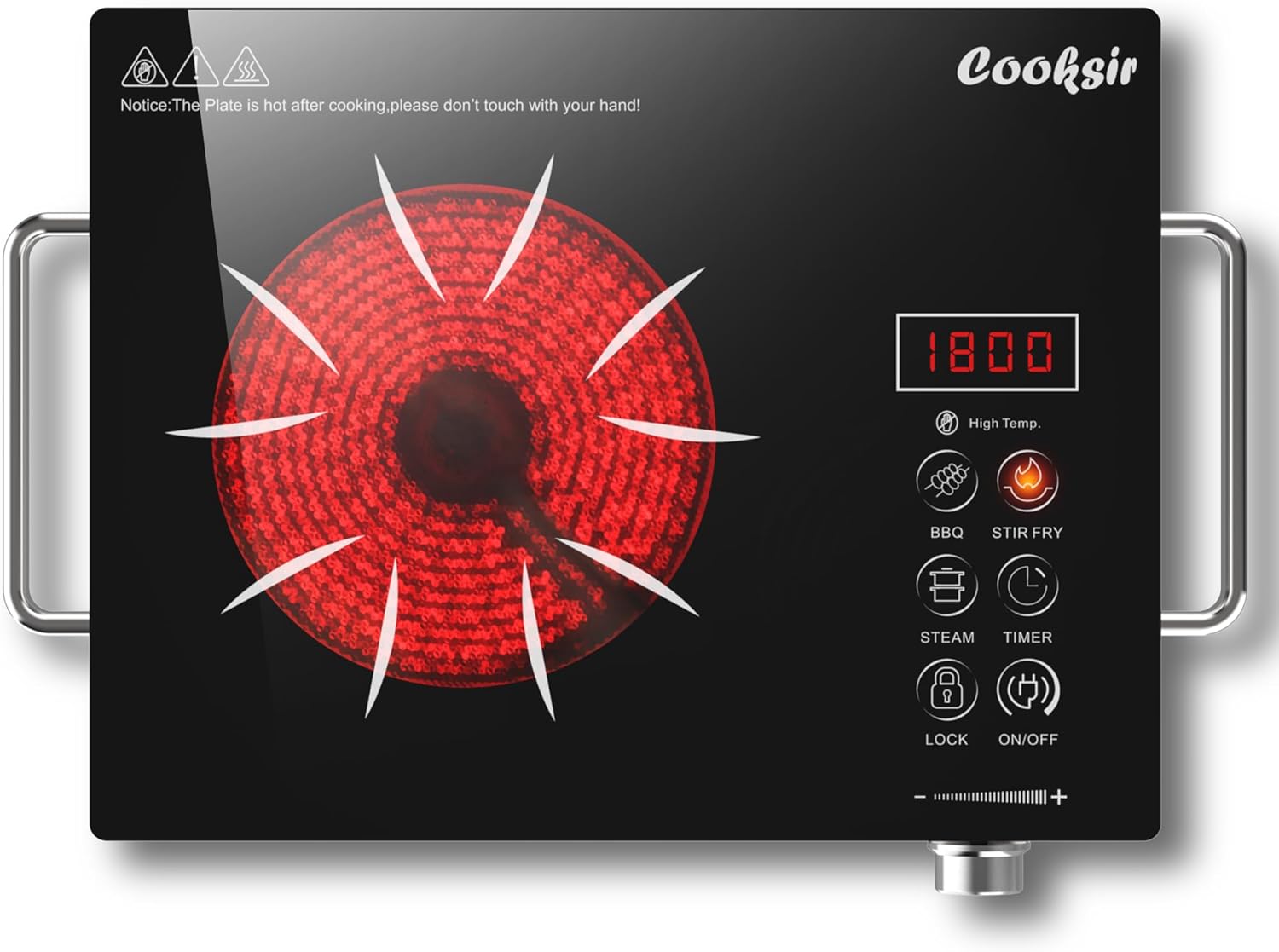 Cooksir Piano Cottura Vetroceramica, Piano Cottura in Ceramica Portatile con Touch Screen a Led, Singola Zona di Cottura da 2000W con Timer a 4 Ore, Blocco Bambini, Indicatore di Calore Residuo