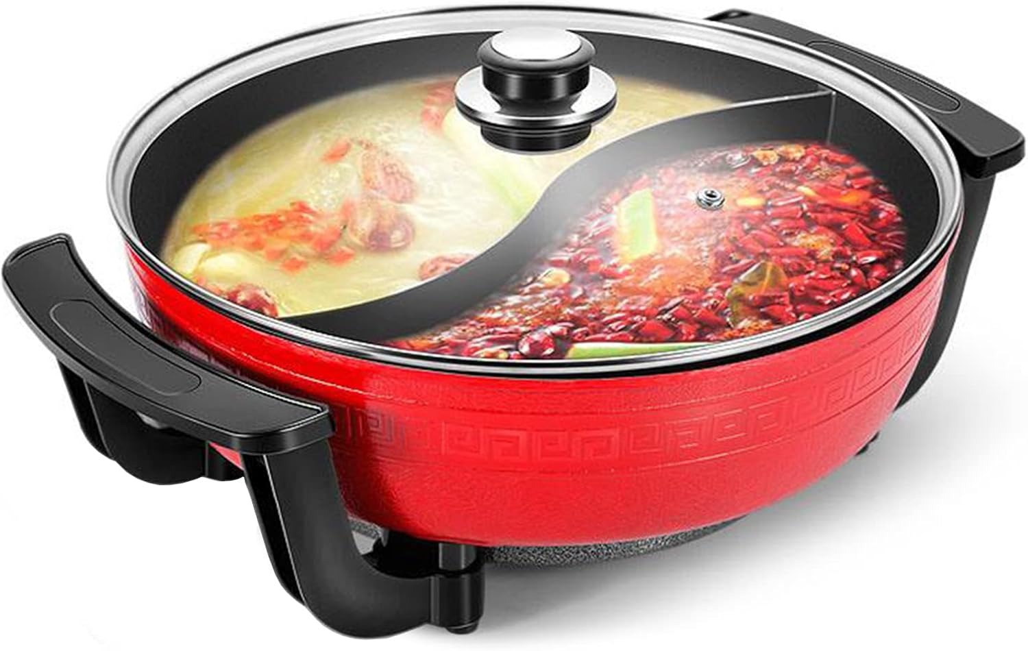 Hot Pot - Pentola elettrica 6 litri, 1300 W, doppio shabu shabu con parete divisoria e coperchio in vetro, multifunzione, 6 litri