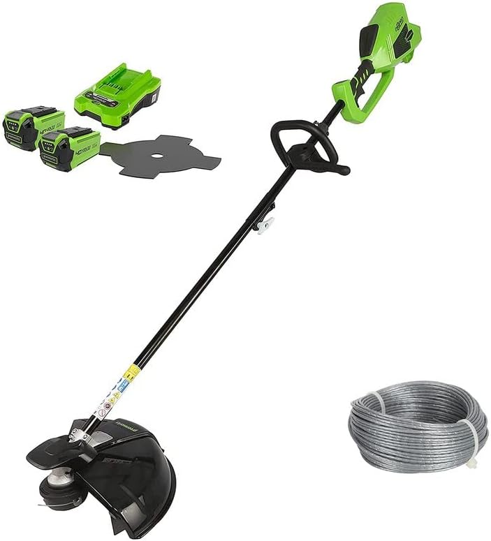 Greenworks 40V Decespugliatore a Batteria con motore Brushless, Imbracatura, Altezza Regolabile, Ampiezza Taglio 40cm, Filo Nylon 2mm, Lama 25cm, 2 Batterie 40V e Caricabatterie GD40BCK2X