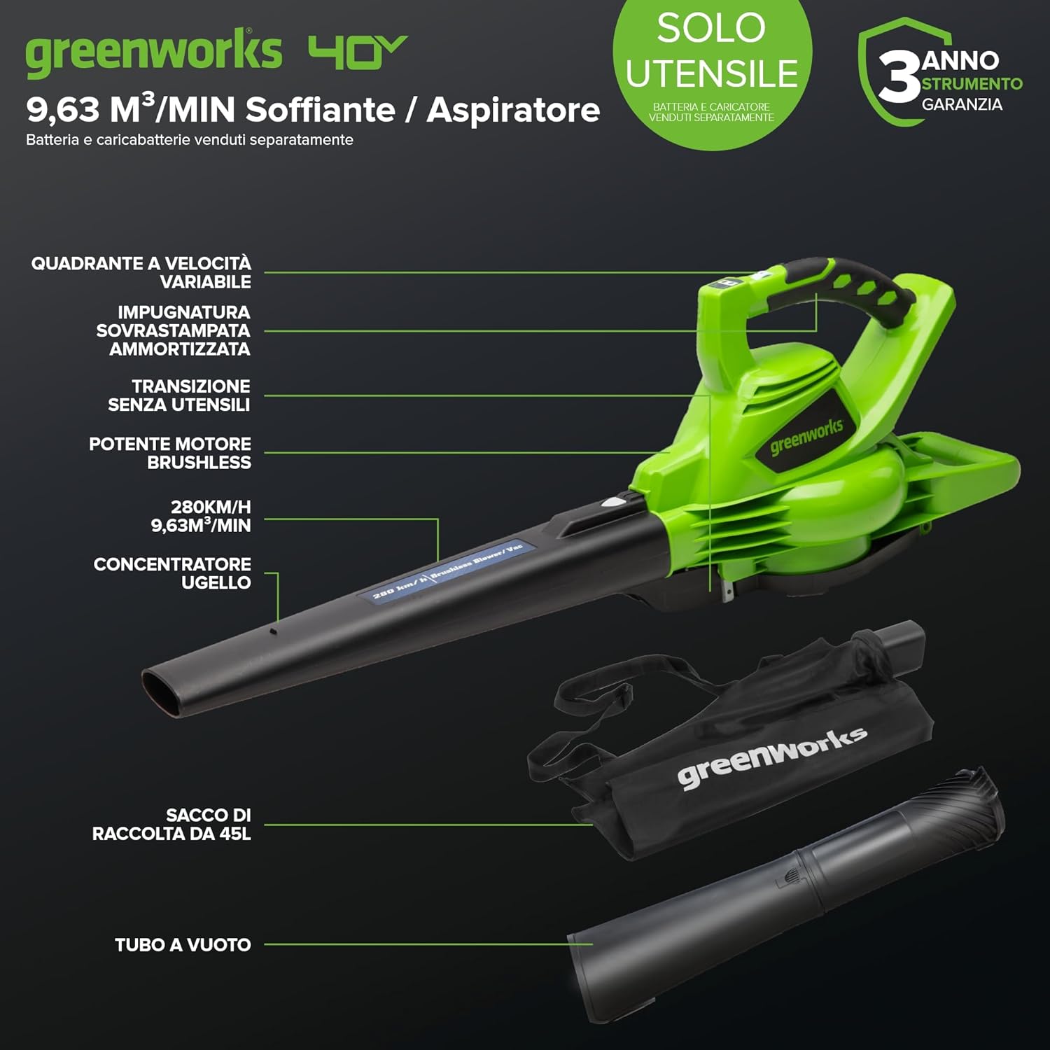 Greenworks GD40BVII 40 V Cordless Leaf Blower with Brushless Motor, 370 km/h, 14.17 m³/min, 45L Collection Bag, Without Battery and Charger, 3 Year Warranty