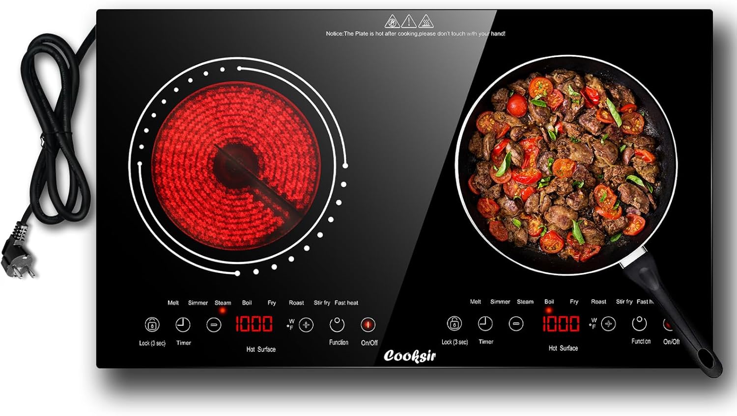 Cooksir Piano Cottura Vetroceramica, Piano Cottura in Ceramica Portatile con Touch Screen a Led, Singola Zona di Cottura da 2000W con Timer a 4 Ore, Blocco Bambini, Indicatore di Calore Residuo