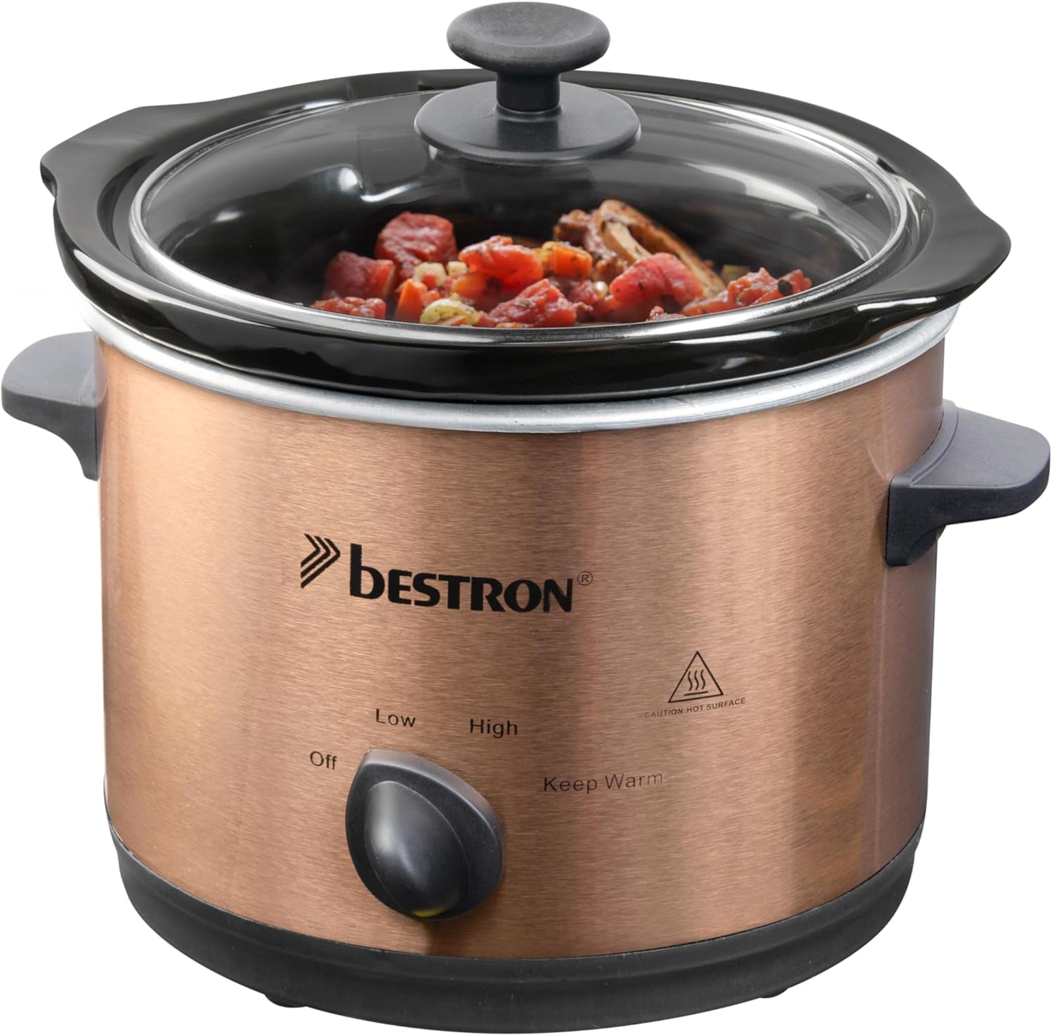 Bestron Slowcooker 2 Person Ceramic Pot and Glass Lid 3 Tier Thermostat Ideal for Many Dishes such as Meat, Soups and Vegetables, 1.5 Litres, Copper Collection