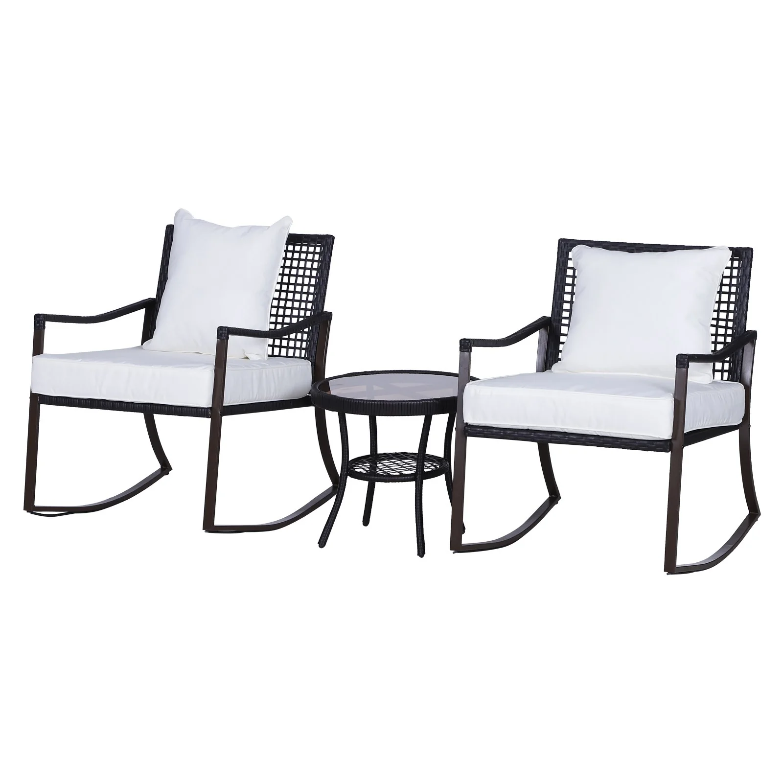 Easycomfort Set 2 Sedie a Dondolo da Giardino con Tavolino con Cuscini Esterno Rattan Marrone