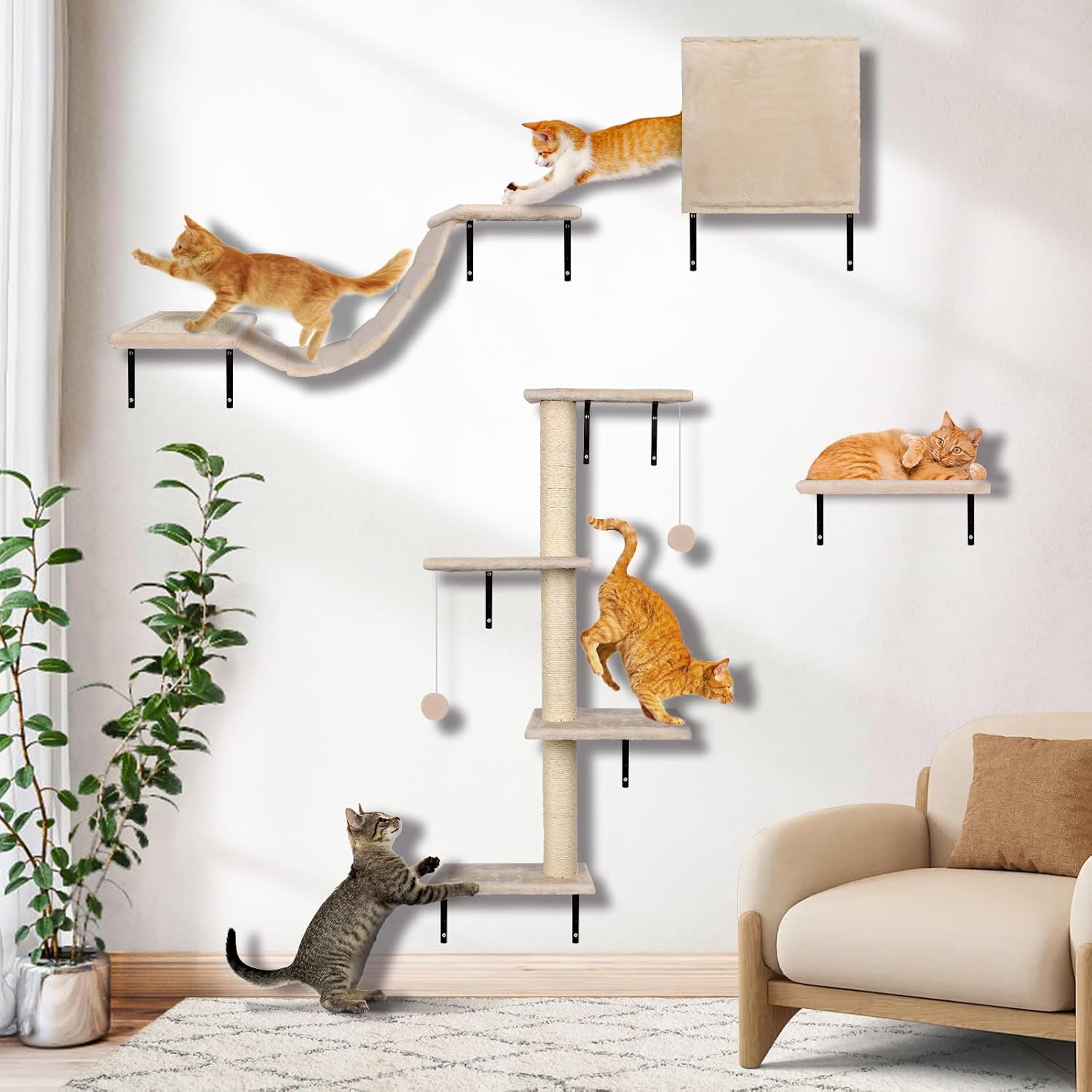 Myiosus Cat Climbing Wall, 10 Piece Cat Scratching Post Wall Scratching Post Comfortable Wall Mounted Heavy Duty Multilayer Panels, Cat Furniture with Large Hanging Bridge, Scratching Post with