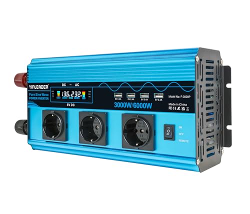 Inverter 3000 W/6000 W, convertitore di tensione sinus puro 12 V, 230 V, con 3 prese europee e 4 porte USB, indicatore di tensione LCD : Amazon.it: Elettronica