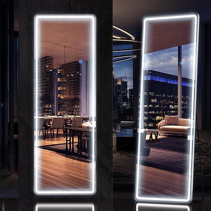 antok Specchio intero con illuminazione a LED, 160 x 50 cm, rettangolare a lunghezza intera, grande specchio da parete con vetro infrangibile e 3 colori di luce, specchio da pavimento per soggiorno
