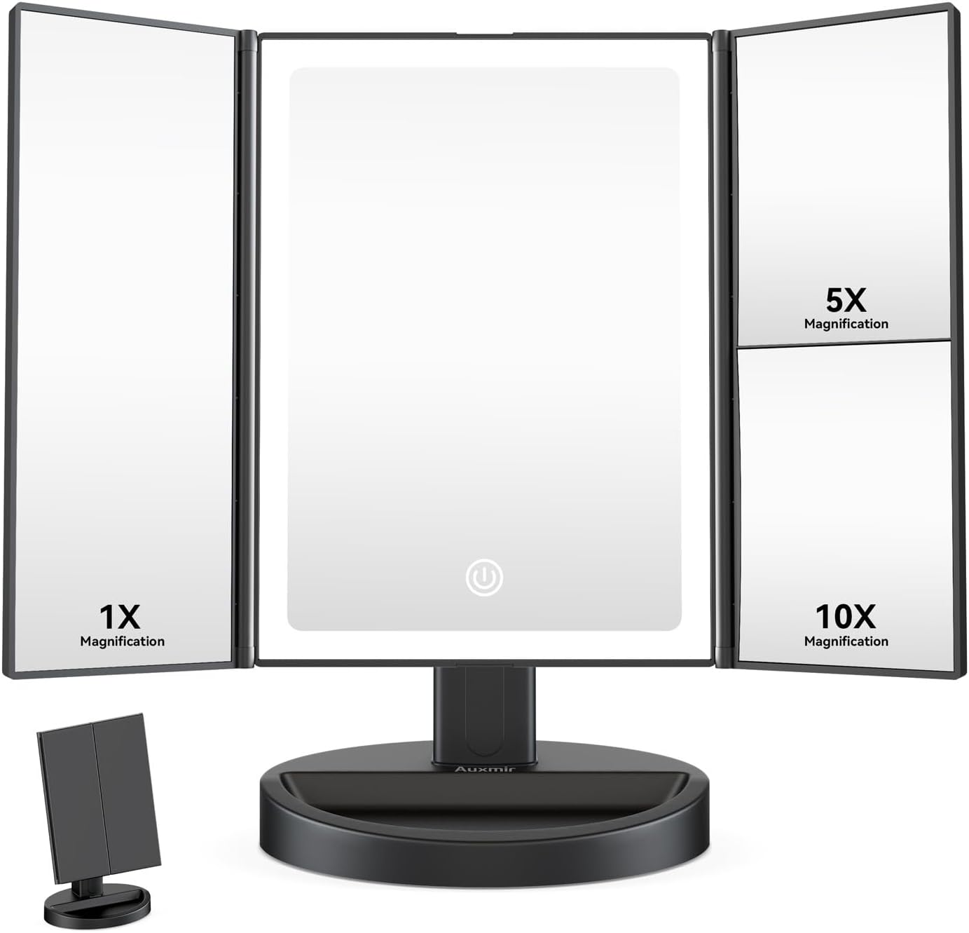 Auxmir Specchio Trucco con Luci a LED, Specchio Portabile con Luminosità Regolabile, 3 Colori di Luce, Batteria Ricaricabile, Ideale Regalo per Casa e Viaggio