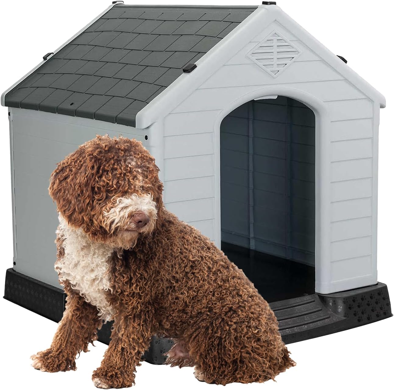 Aqpet Cuccia per Cani in Plastica per Esterno Interno Casa Giardino, Impermeabile con Pavimento Rialzato, per Cani Taglia Media 87 x 78 x 81 H, Grigio