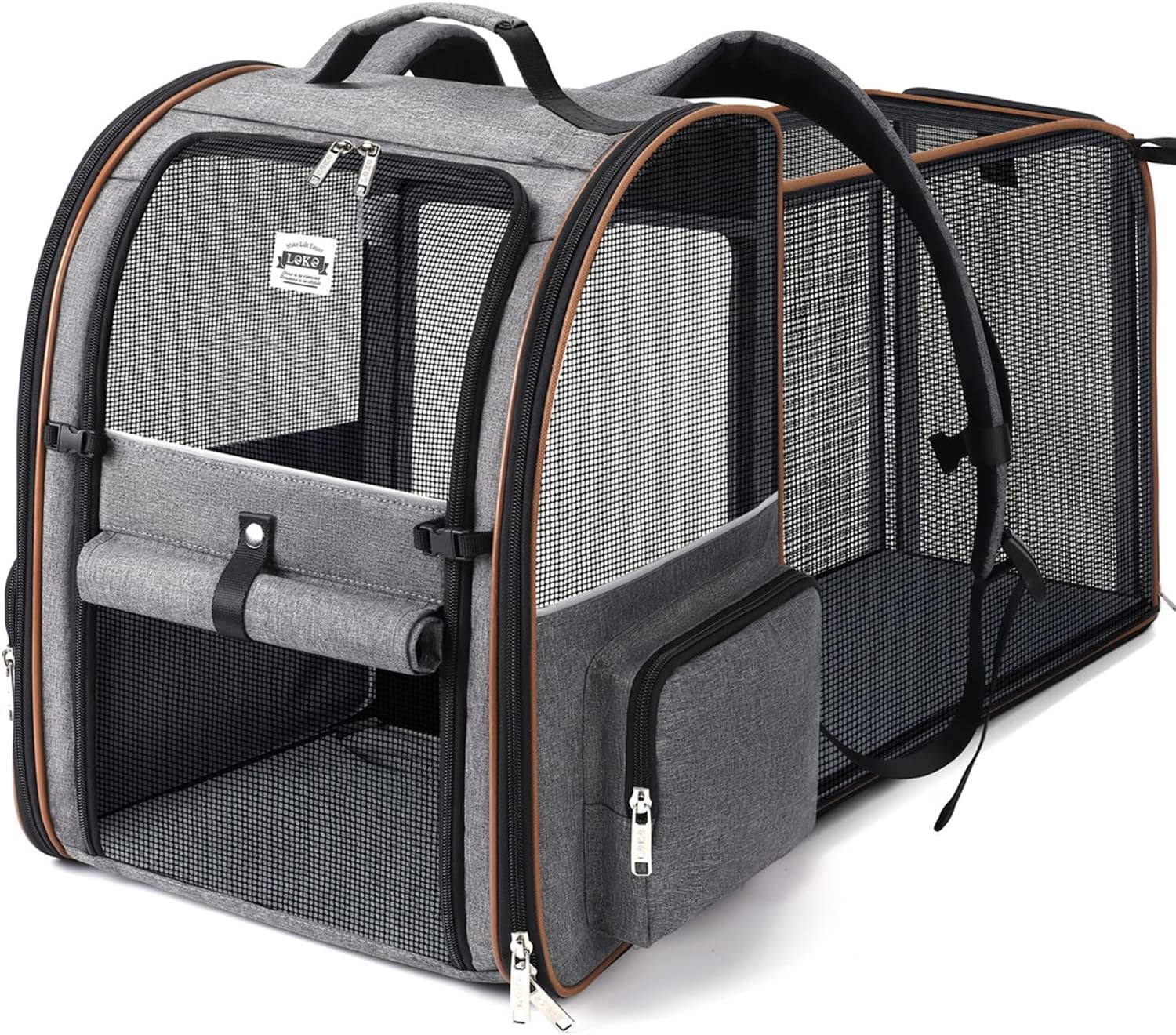 Lekespring Zaino per Cani Gatti Grande Porta Animali Espandibile Per Cani Piccoli Gatti Medi Fino a 8 KG, con 4 ingressi Zaino Traspirante Porta Cuccioli Pieghevole Per Viaggi, Escursioni, Grigio