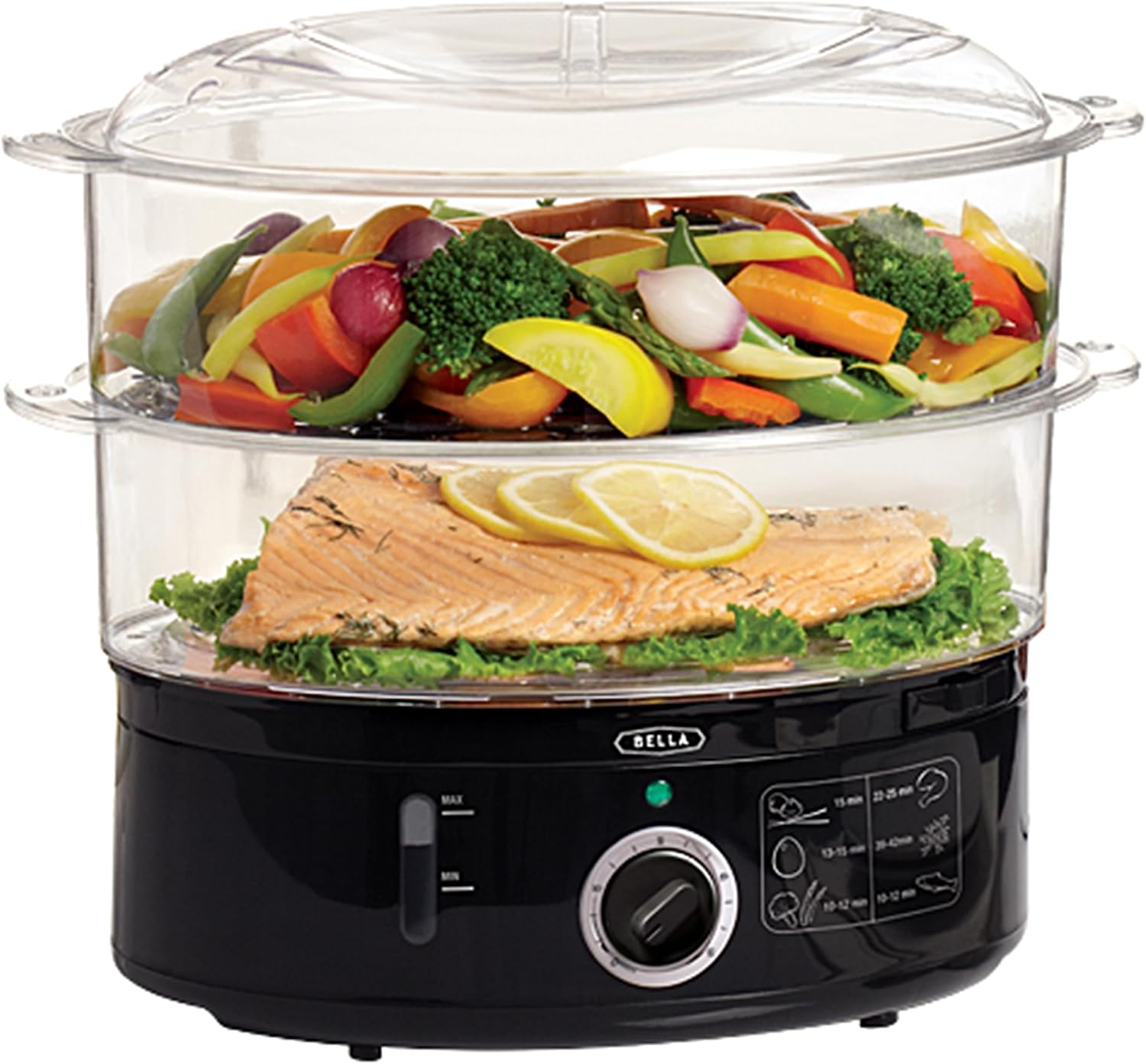BELLA Two-Tier Steamer with Stackable Containers and Detachable Base for Fast and Simultaneous Cooking - Automatic Shut-off and Dry Boiling Protection, Capacity 7 L, Black