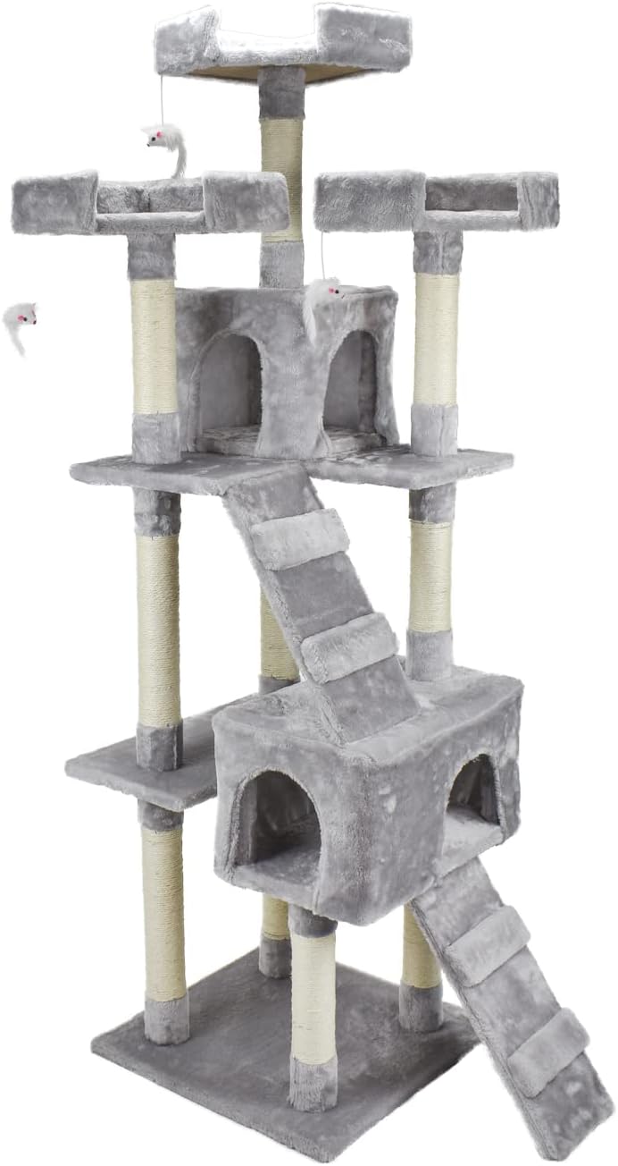 AQPET Tiragraffi XXL 170cm per Gatti con Cuccia, Albero Gioco Multifunzionale e Parco Giochi Completo, Colore Grigio