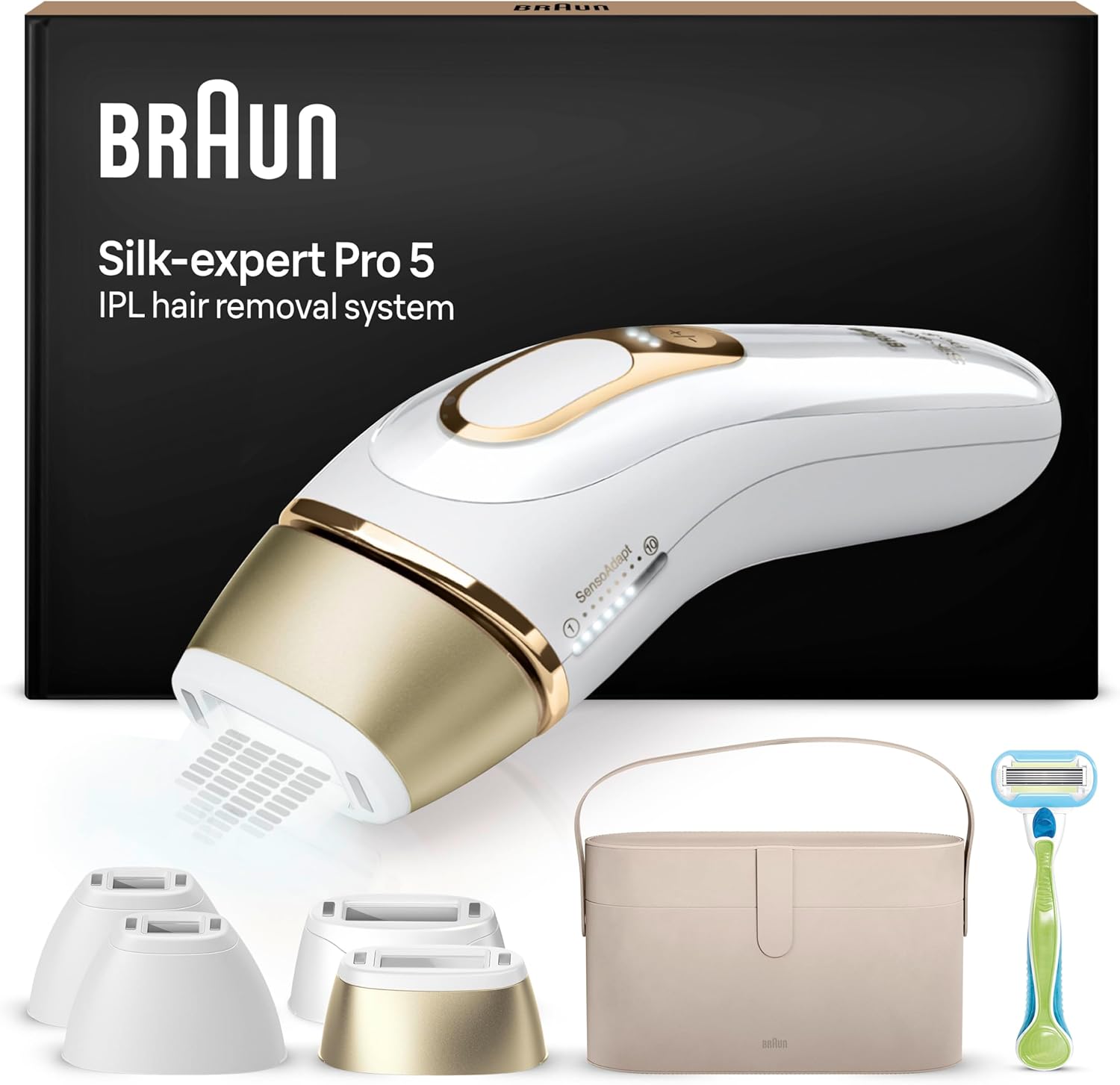 Braun Silk·expert Pro 5 Epilatore Luce Pulsata, Depilatore Corpo Donna, Alternativa al Laser Peli, Con Rasoio Donna Venus e 4 Testine, Luce Pulsata Braun, Idea Regalo, Bianco/Oro PL5342