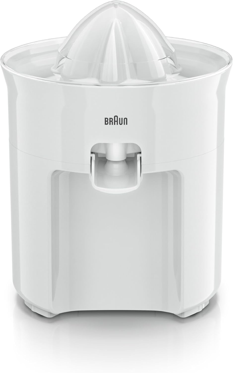 Braun CJ3000 Spremiagrumi, rotazione a destra e sinistra, avvio e arresto automatici, base antiscivolo, vano portacavo, capacità caraffa 350ml con misuratore graduato, pratico beccuccio, 20w, Bianco