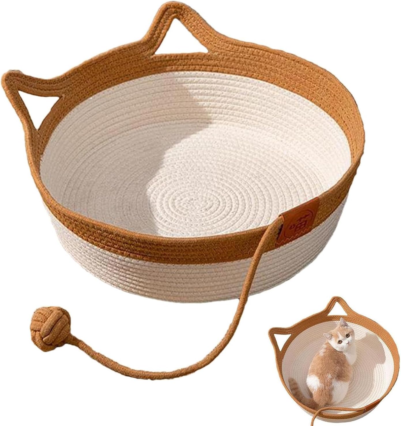 MEISO Indoor Cat Bed in Hand-Woven Cotton, Basket with Toy Tail, Foldable and Breathable (M)