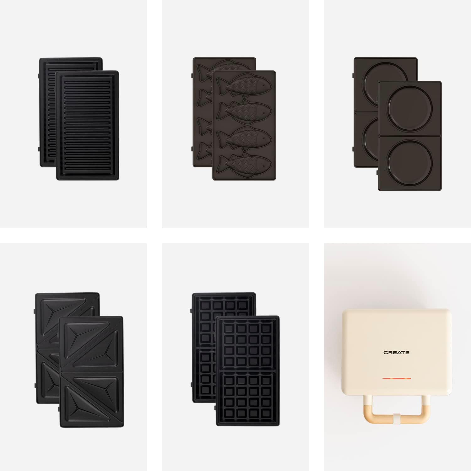 CREATE /STONE STUDIO/Individual Sandwich and Waffle Toaster Sage Green / 2 Interchangeable Plates: Sandwich-Grill, Waffle, Taiyaki, Pancakes and Donuts, Non-Stick, 100o Opening, 600W