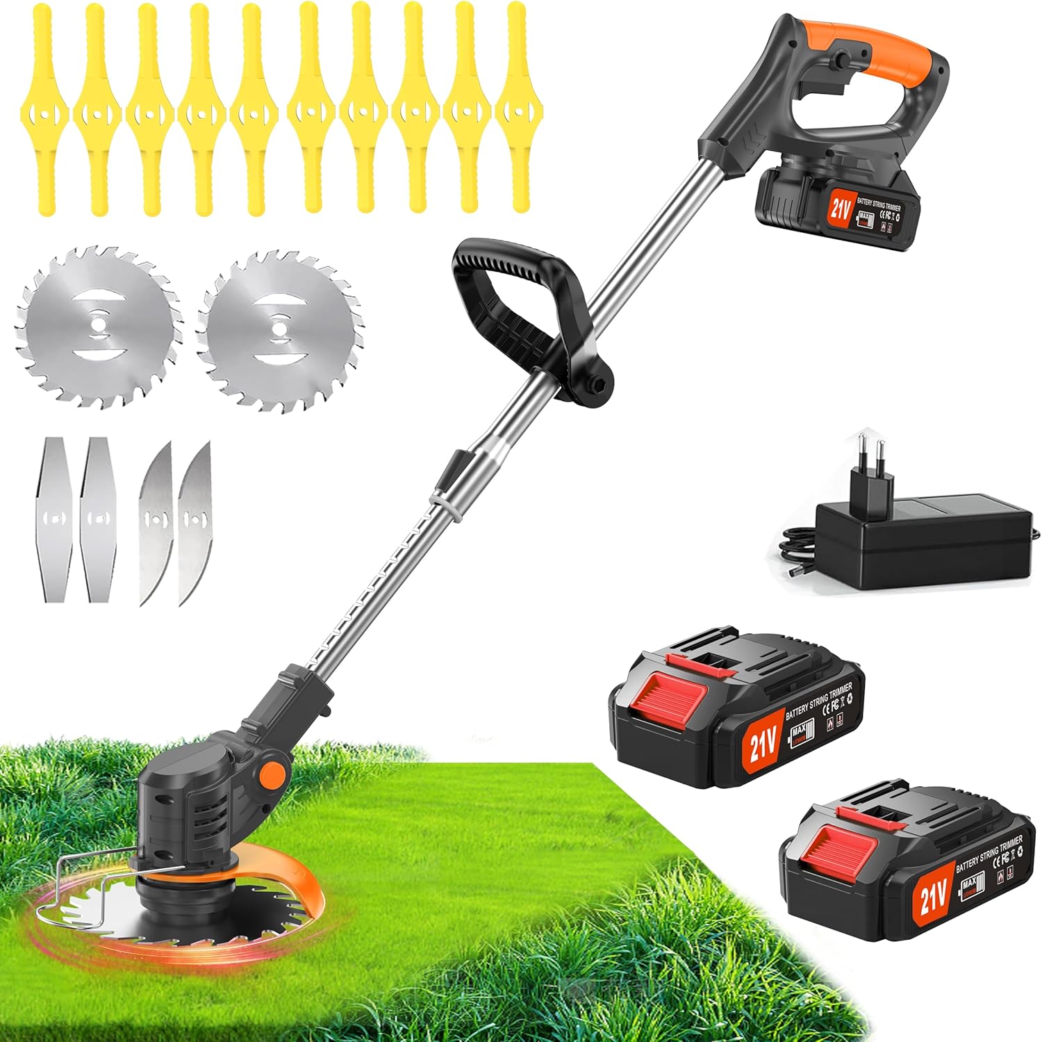 21 V Battery Powered Grass Trimmer with Battery and 4 Types of Blades Adjustable Electric Brush Cutter and Telescopic Handle for Cutting Gardens Lawns and Soils (Black)