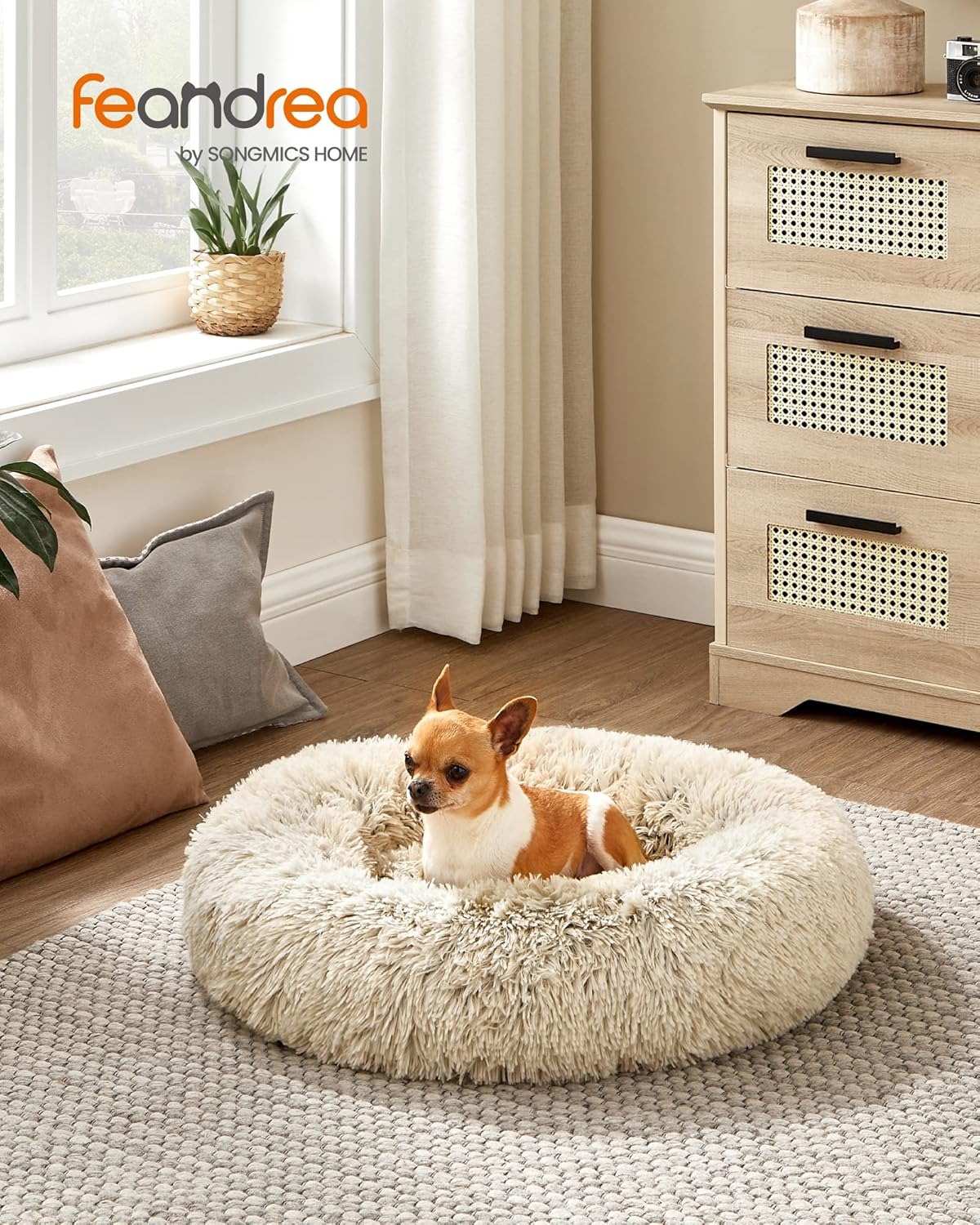 Feandrea Cuccia Cane Interno, Cuccia per Cani, Lettino per Animali Domestici a Ciambella, Cuscino Sfoderabile e Lavabile, Tappeto di Peluche, Diametro 60 cm, Cachi Ombré PGW038S01