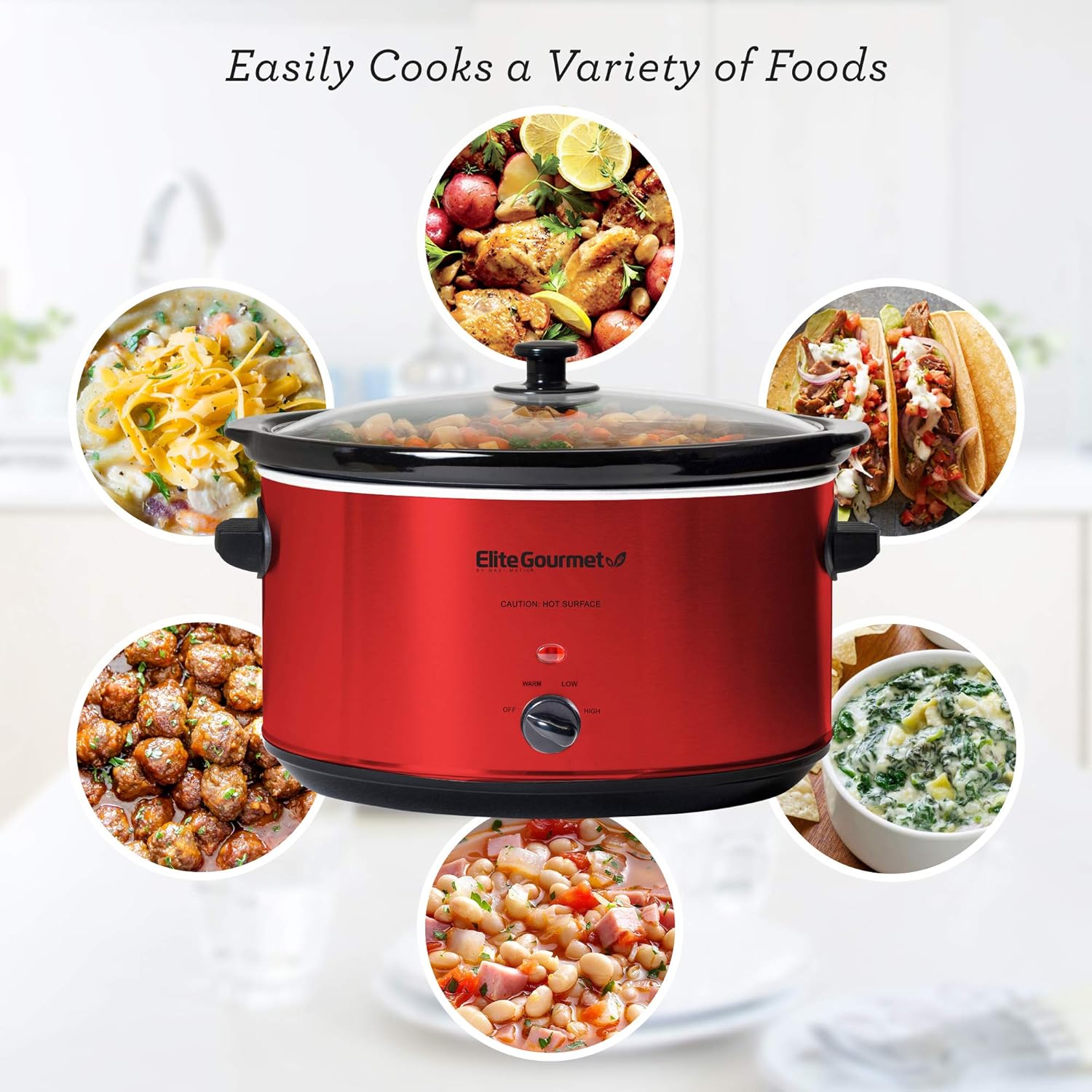 Elite Gourmet MST-900RXT Electric Ceramic XL Jumbo Slow Cooker Adjustable Temp, Entrees, Sauces, Stews & Dips, Dishwasher Safe Glass Lid & Crock, 8.5 Quart, Metallic Red