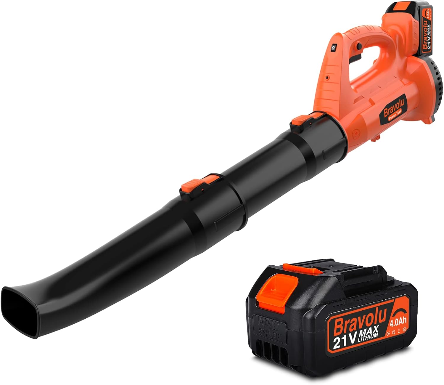Battery Blower, Bravolu 21 V Electric Leaf Blower, with 4.0 Ah Battery and Charger, Max Adjustable Air Speed 240 km/h, 20000 RPM with 6 Adjustable Speeds, 2 Section Nozzles