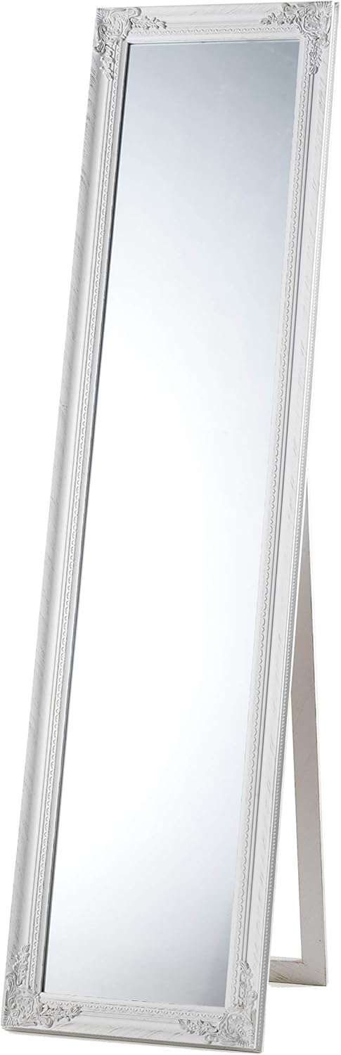 Baroni Home Specchio in Legno Bianco con Cornice Shabby, Specchiera da Parete Rettangolare per camera da letto, bagno o soggiorno, Specchio Shabby Bianco Anticato, 55x142 cm