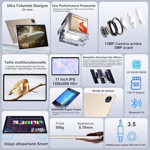 Biegedy Tablet 11 pollici Android 14 con 24 GB RAM 256 GB ROM(1 TB espandibile), tablet touch 8 core 2.0 GHz, 5 G WiFi, Widevine L1, GPS, 8000mAh, 5 MP 13 MP, Bluetooth, 1280 x 800 FHD, tablet oro : Informatica