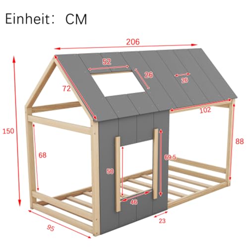 LAHTI Letto singolo per bambini, 90 x 200 cm, a forma di casa, con tetto e finestra, legno di pino e MDF, design aperto per decorazioni creative : Casa e cucina