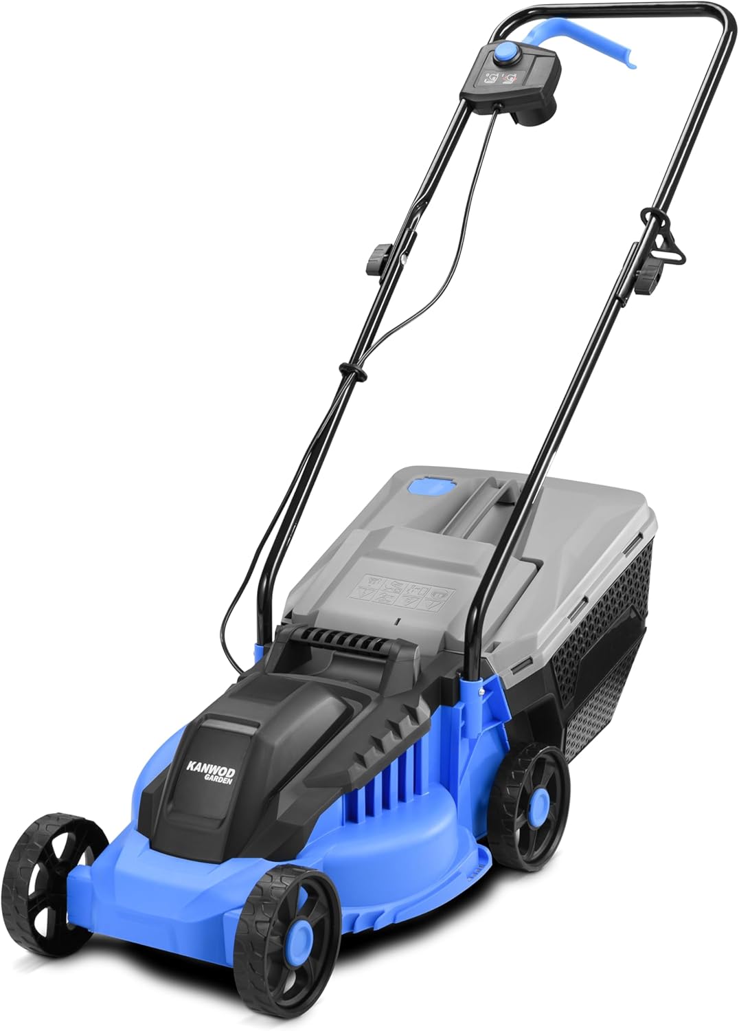 Kanwod KGALM-1232 Tagliaerba Elettrico 1200 W, Larghezza di Taglio 32 cm, Cestello Raccoglierba, 30 Litri, Regolazione in Altezza di Taglio 30-70 cm, 3400 giri/min