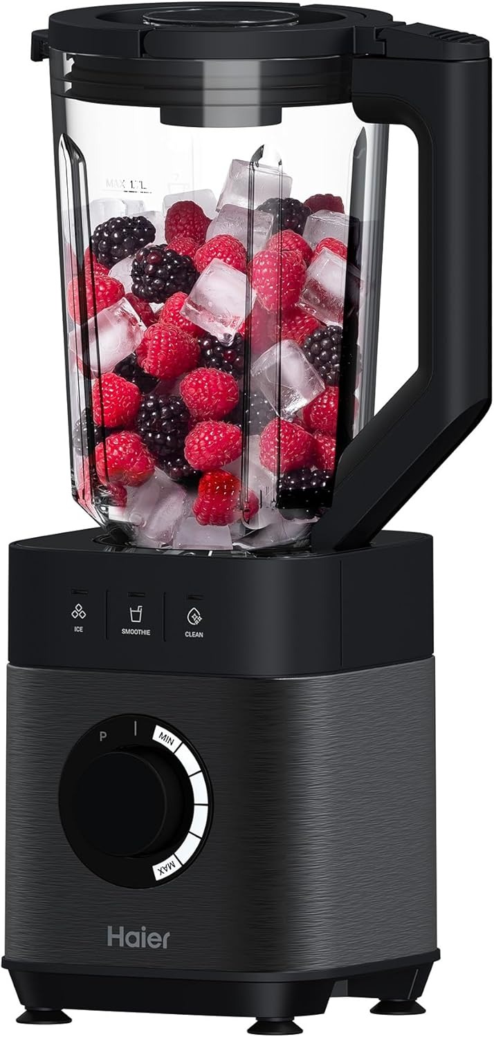 Haier Frullatore I-Master Serie 5, Funzione Ice Crush, Smoothie, 5 velocità variabili, pulizia automatica, caraffa in vetro da 1,7 L, Personal Jug 0,6 1200 W [Nero]