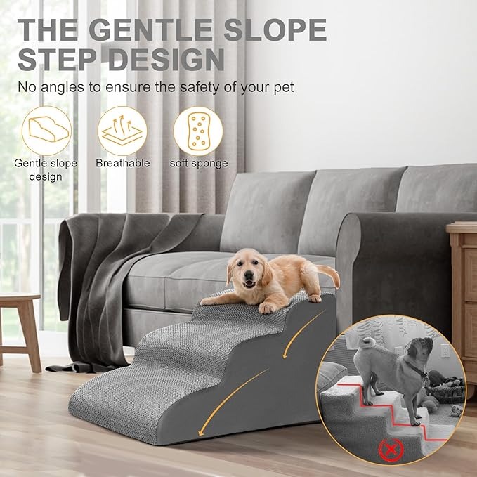 Lannvan Scaletta per Cani 3 Gradini, Rampa con Copertura Rimovibile Lavabile, per Cani e Gatti di Piccola Taglia, Regala Rullo Togli Peli Animali, Grigio