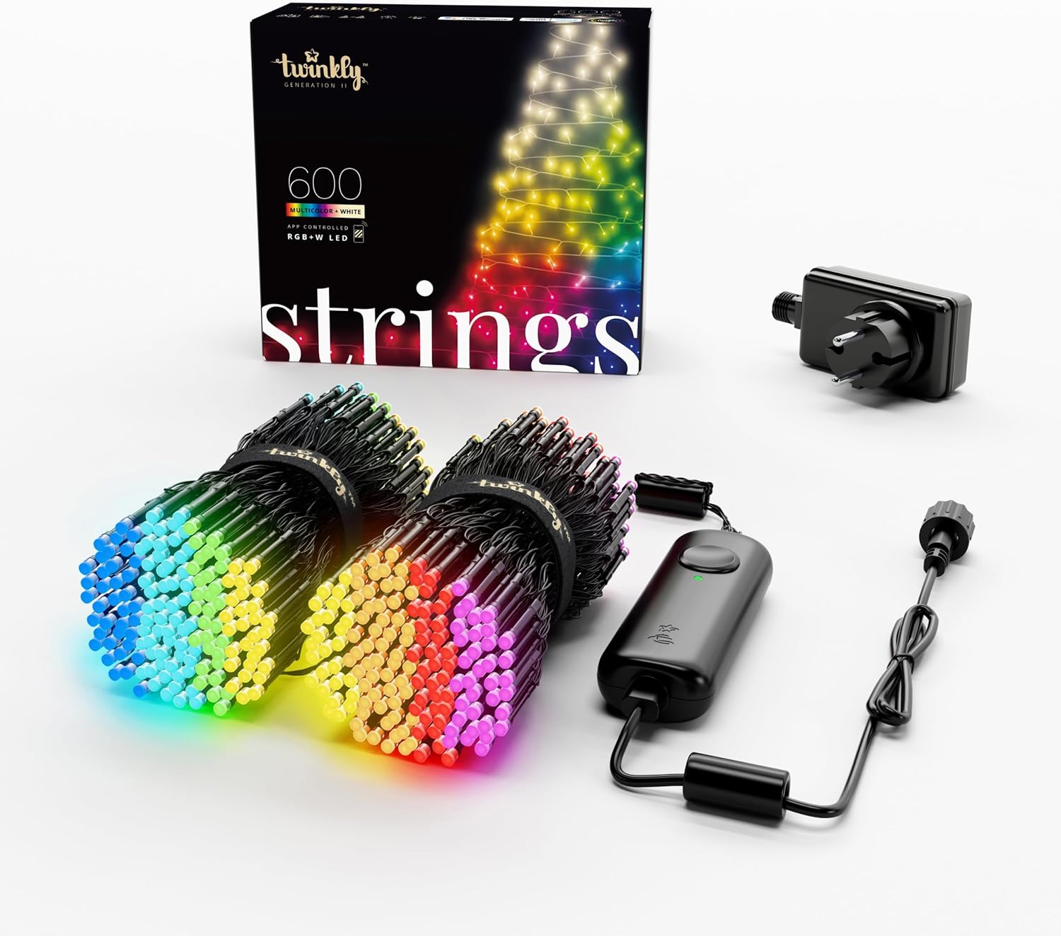 Twinkly Strings 400 LED RGB+Bianco, Striscia di Luci LED per Esterno e Interno, Luci Smart Multicolore, Compatibile con Alexa e Google Home, Luci Mappabili, IP44, Controllo App, Filo Nero, 32m