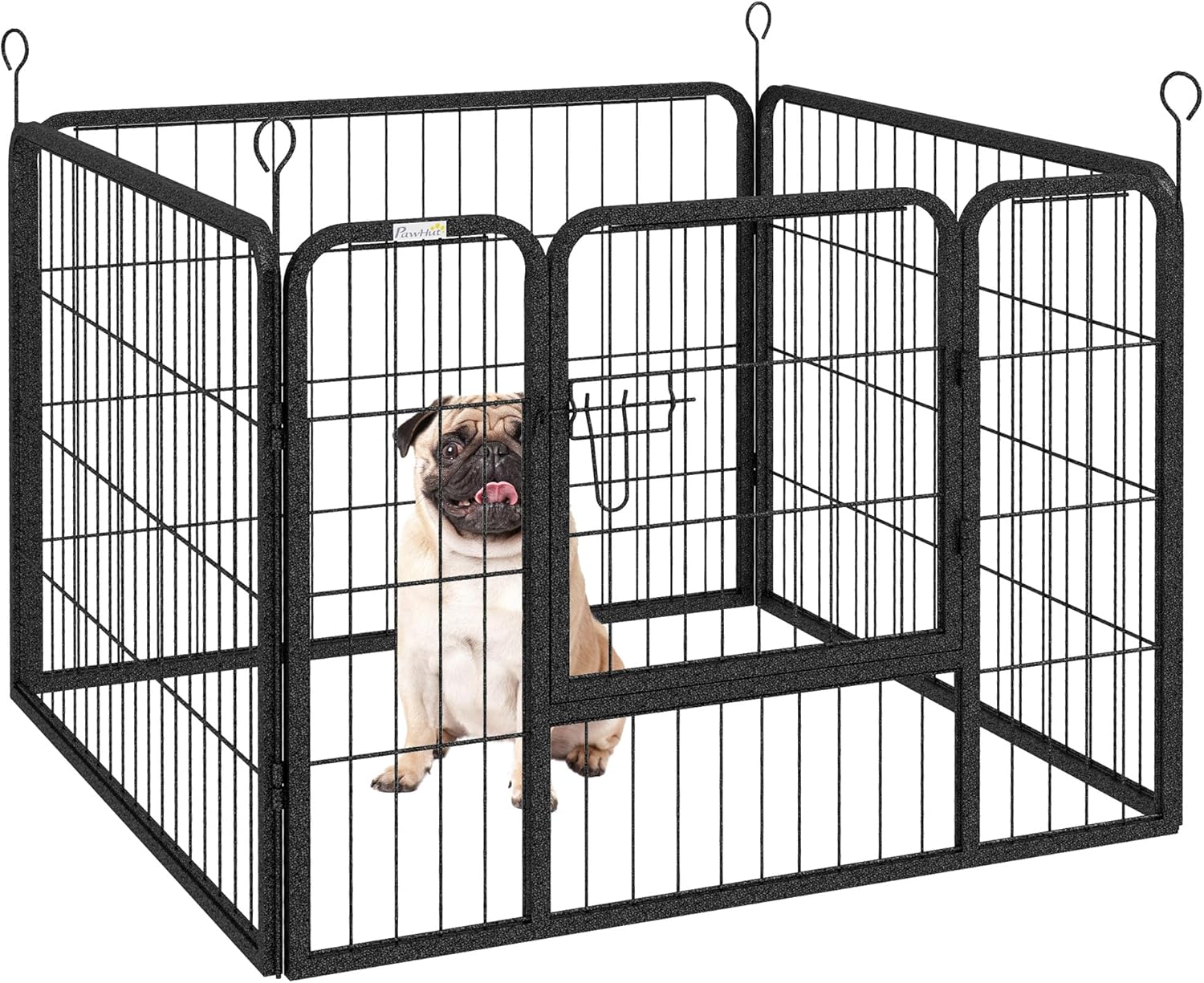 PawHut Folding Metal Dog Fence for Indoor and Outdoor Use with Door with Clasp and Pegs, 82 x 82 x 60 cm Grey