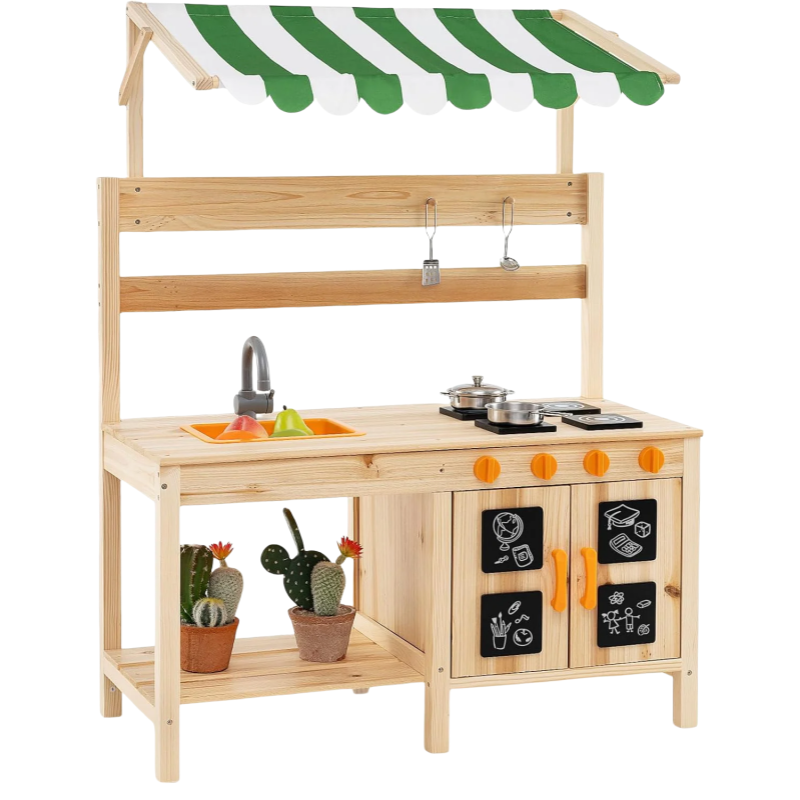 Cucina Giocattolo per Giardino in Legno di Abete, Cucina per Fango da Esterno con Tettoia, Fornelli, Ganci, 4 Lavagne e Lavello, Set Cucina con 5 Accessori, 88 x 39 x 117 cm