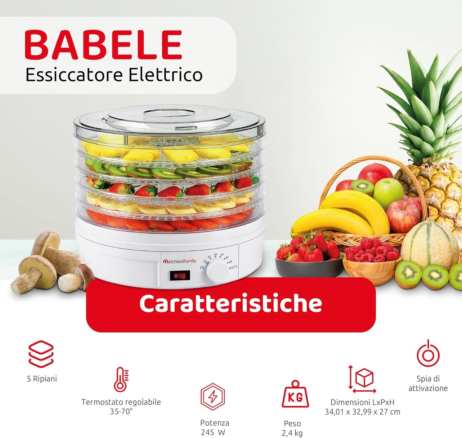Melchioni Family | Essiccatore Elettrico BABELE, Essiccatore Alimentare Multiuso, 5 Ripiani Impilabili e Removibili, Potenza 250W, Temperatura Regolabile 40-70°C